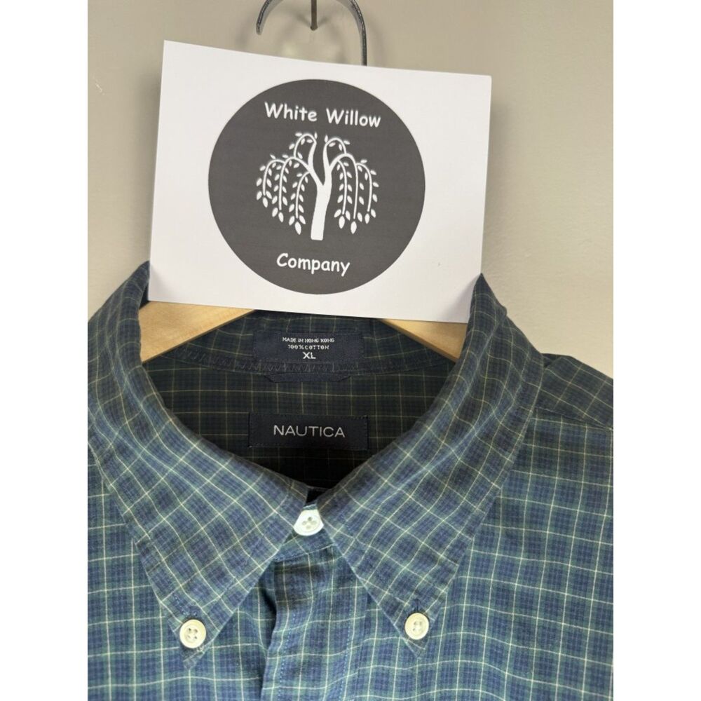 Y2K Nautica Men's Green and Navy Plaid Long Sleeve Button Down Size XL - Picture 3 of 15